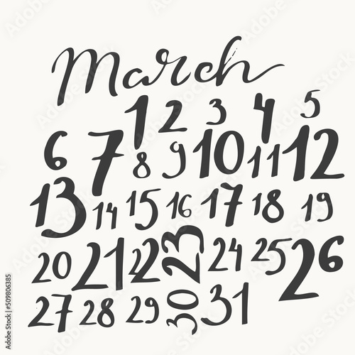 March calendar with calligraphy month name  uneven numbers.