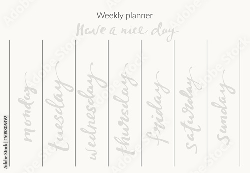 Weekly planner page template with calligraphy week days