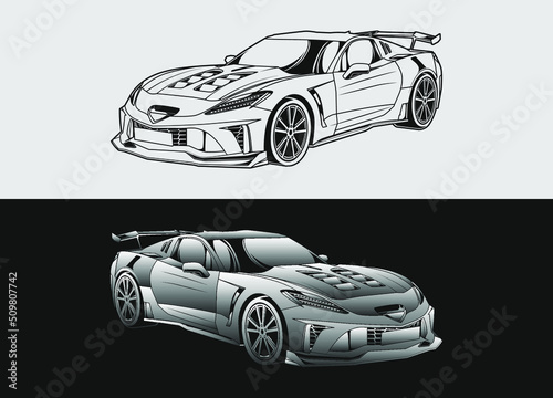 Sport car line art vector illustration template for apparel, poster, merchandise. Vector eps 10