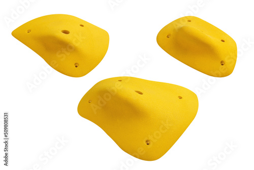 Set of Climbing Wall Holds isolated on white background. Yellow Climbing Stones,