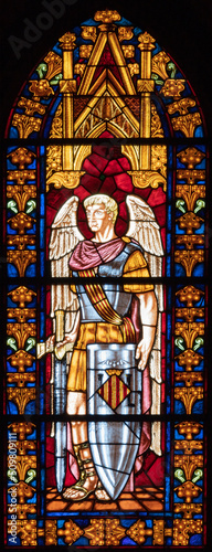 VALENCIA, SPAIN - FEBRUAR 16, 2022: The archangel Michael on the stained glas...