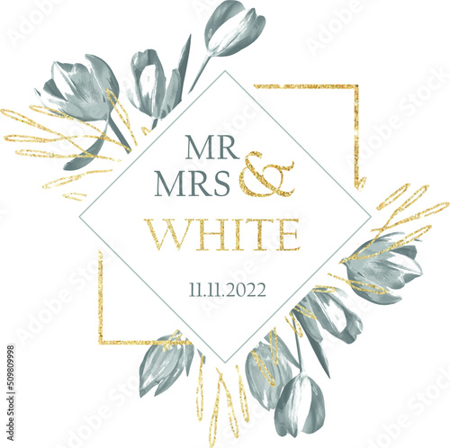 flowers tulips daffodils abstract twigs on watercolor background invitation header