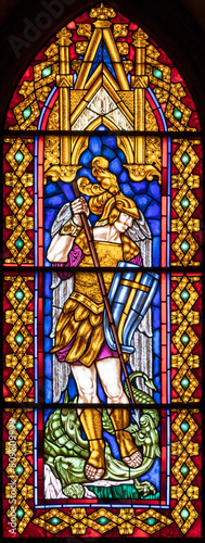 VALENCIA, SPAIN - FEBRUAR 16, 2022: The archangel Michael on the stained glas...