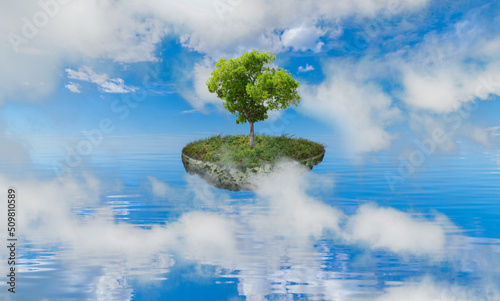 Amazing island with grass and a tree  floating in the air above the sea with white clouds © Franco Tognarini
