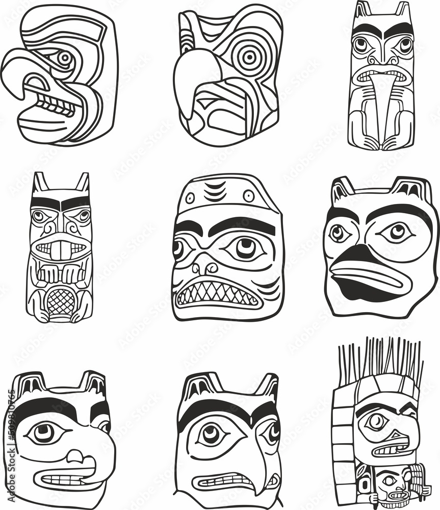 Vector set of monochrome Indian symbols. National ornament of native americans, aztecs, maya, incas. Haida mask.