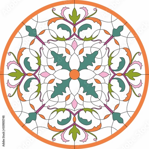Vector color template of round stained glass window. Floral ornament for a ceiling or a multi-colored glass window.