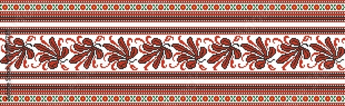 Vector colored seamless Ukrainian national ornament, embroidery. Endless ethnic floral border, Slavic peoples frame. Red cross stitch.
