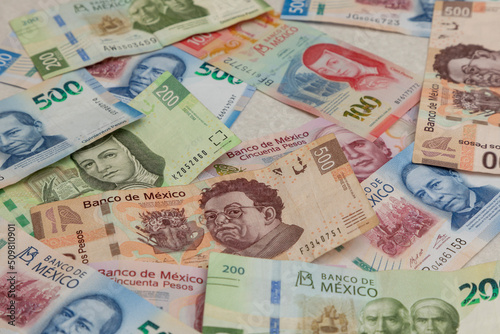 Background of Mexican pesos bills of different denominations