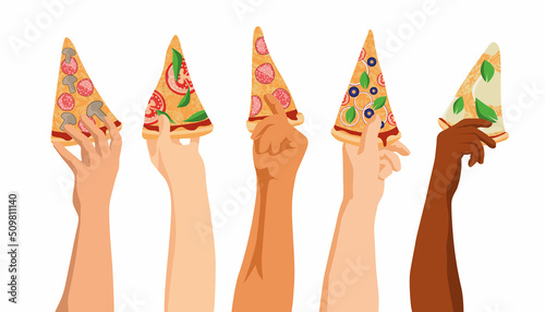 Hands raised up holding slices of pizza