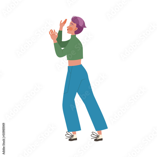 Woman Looking Up at Something with Outstretched Arm Raising Head with Interest Vector Illustration