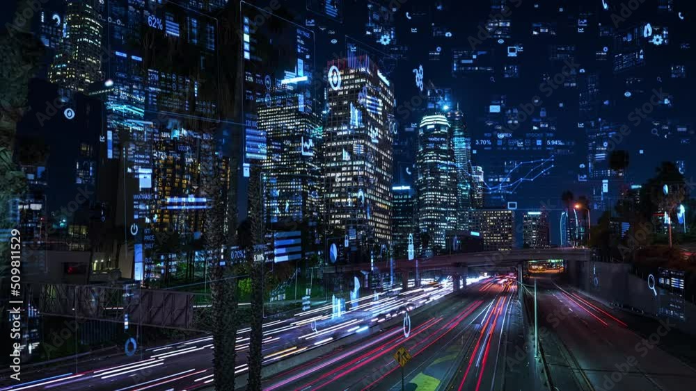 Holographic Icons and Charts over Time-lapse High View of I 110 Highway Full of Traffic.  Internet of Things, Augmented Reality, Transportation. Harbor Freeway, Downtown Famous Buildings in the Back