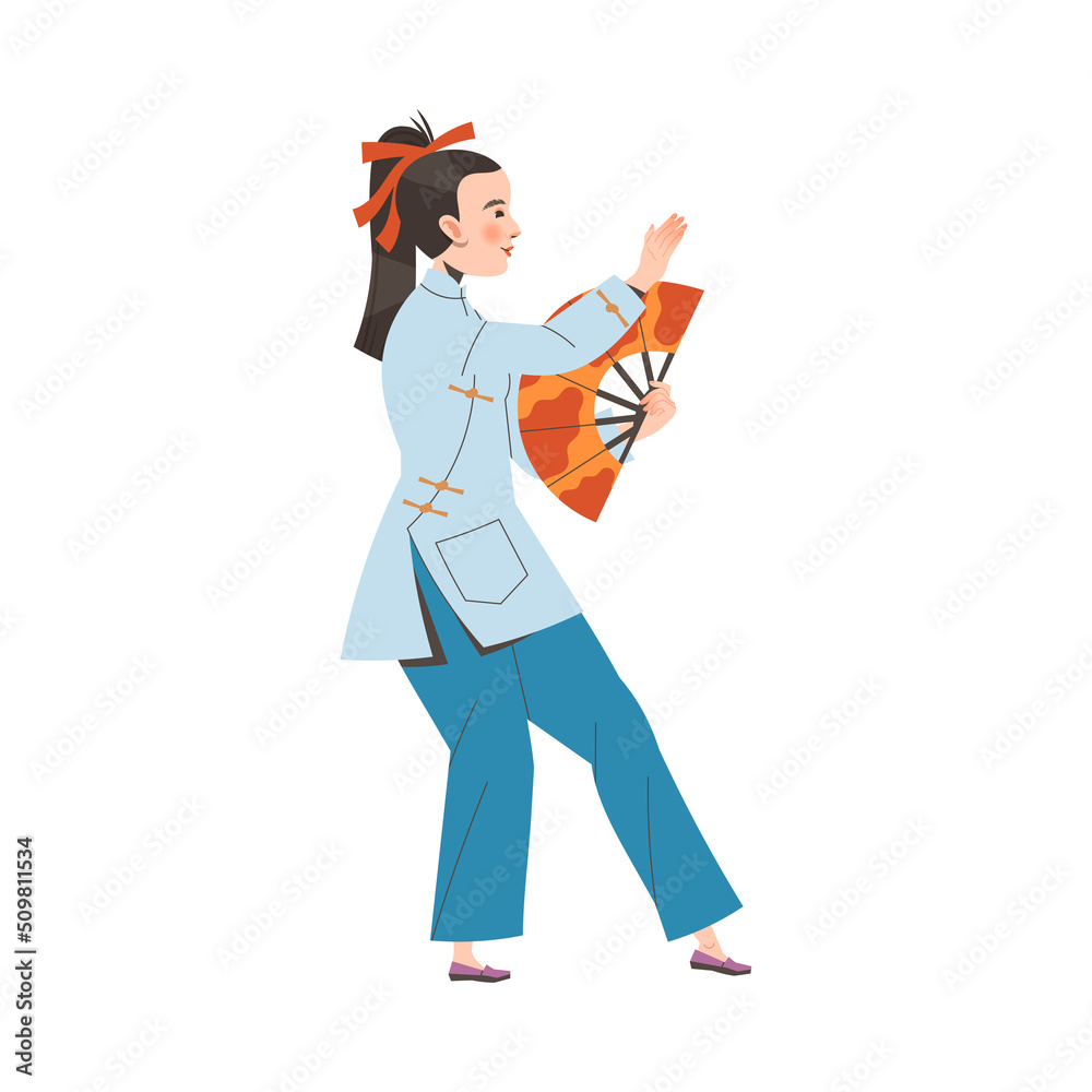 Tai Chi Practice with Woman in Kimono with Fan Doing Qigong Exercise as Internal Chinese Martial Art Vector Illustration Tai Chi Practice with Woman in Kimono with Fan Doing Qigong Exercise as Internal Chinese Martial Art Vector Illustration