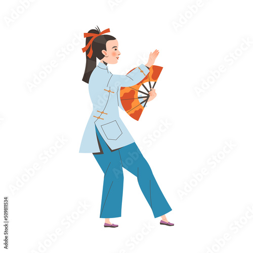 Tai Chi Practice with Woman in Kimono with Fan Doing Qigong Exercise as Internal Chinese Martial Art Vector Illustration