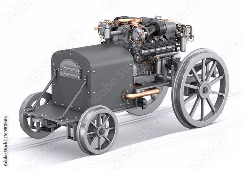 Steampunk vehicle concept. Amazing car on the railroad. A wagon with a large diesel engine. Unusual and strange locomotive on a white background. 3d illustration