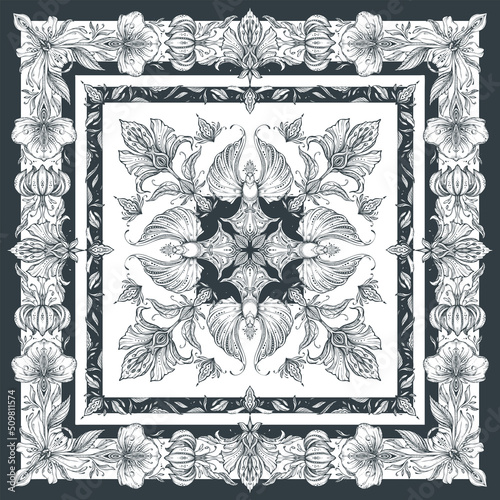 Vector black and white shawl print with beautiful hand drawn floral pattern
