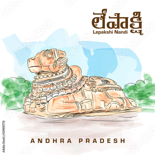 vector illustration of The Nandi statue:. Lepakshi Temple, Andhra Pradesh Anantapur District of Andhra Pradesh, India.