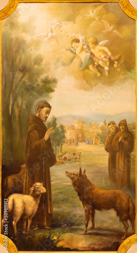 VALENCIA, SPAIN - FEBRUAR 17, 2022: The painting of St Francis of Assisi preaching to animals in the church Iglesia de San Lorenzo by Manuel Diago Benlloch from 20. cent.