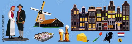 Netherlands country illustration set. Characters in national costume. Houseboats in Amsterdam, herring with pickles, windmill, mug and bottle of beer, cheese, tulips, Netherlands map and flag