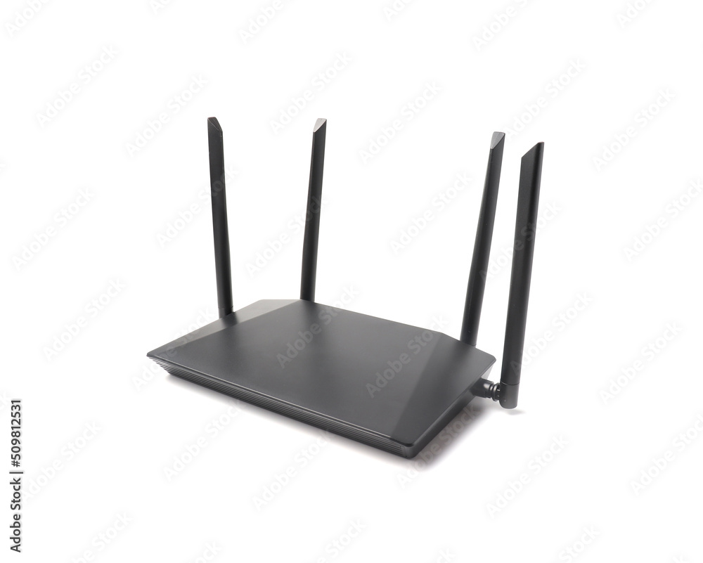 Wireless router. wireless wi-fi black router with four antennas isolated on white background. High speed internet connection. Wireless router. wireless wi-fi black router with four antennas isolated on white background. High speed internet connection.