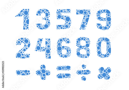 Set of hand drawn numbers and math signs. Blue bubbles.