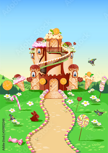 Candy land with a sweet castle decorated with cream and chocolate stands in a fairytale glade. Fairy tale country sweet background. Vector illustration.