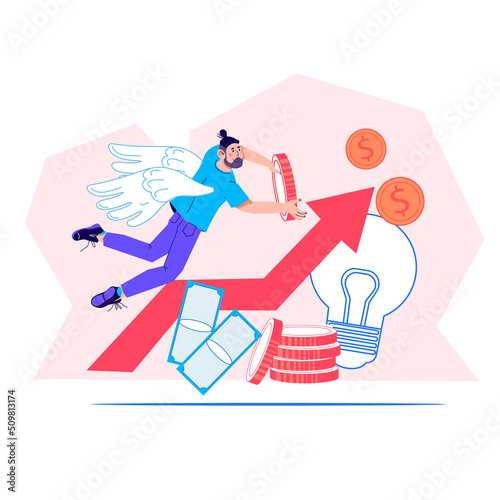 Entrepreneurship financing and innovation investment, creative business idea financing banner with angel investor character, flat vector illustration isolated on white background.