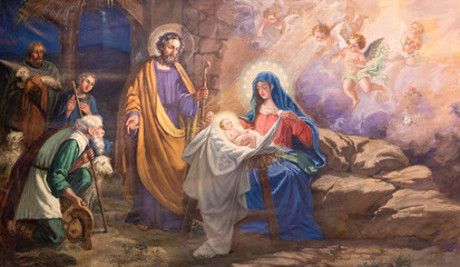 VALENCIA, SPAIN - FEBRUAR 17, 2022: The painting of Adoration of shepherds in the church San Salvador y Santa Monica from 20. cent.