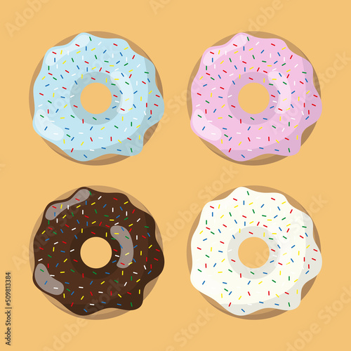 Donuts in four colors of glaze (pink, blue, cream, chocolate). Flat vector illustration