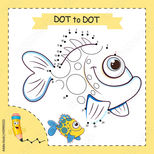 Dot to dot Game. Exotic Fish. Connect the dots by numbers to draw the ocean Fish. Game and Coloring Page with cartoon cute Fish. Logic Game for Kids. Education card for kids learning counting number.