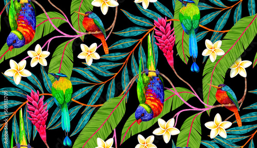Seamless pattern with parrots, exotic birds, palm leaves, tropical plants on black background. Botanical illustration