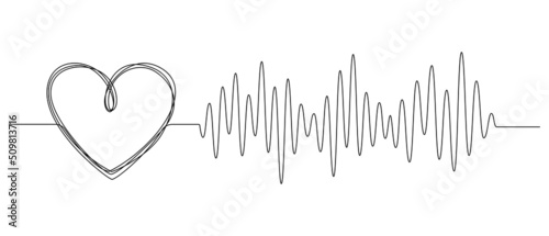 One continuous line drawing of doodle heart with pulse. Sound wave romantic symbol in simple linear style. Divider shape with Editable stroke. Heartbeat vector illustration