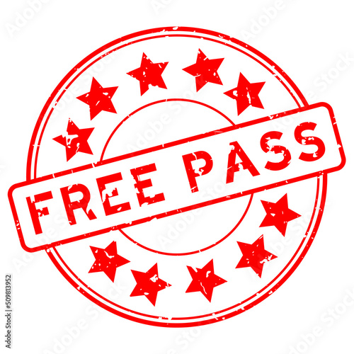 Grunge red free pass word with star icon round rubber seal stamp on white background