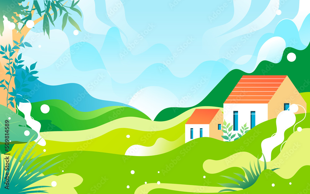 Fototapeta premium People travel on vacation with various plants and buildings in the background, vector illustration