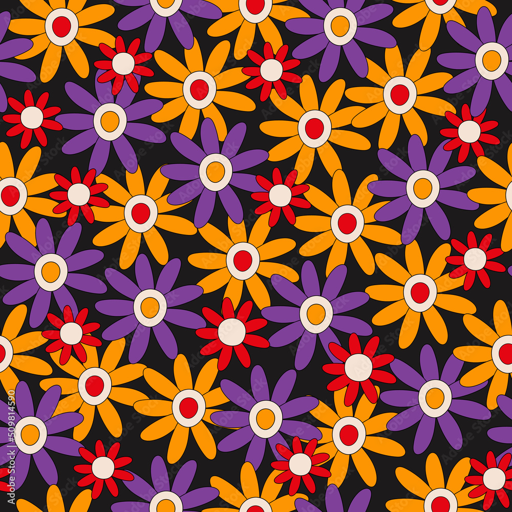 Retro seamless pattern of colorful hippie flowers on a black background. Vintage festive groovy botanical design. Trendy vector illustration in 70s and 80s style. Retro seamless pattern of colorful hippie flowers on a black background. Vintage festive groovy botanical design. Trendy vector illustration in 70s and 80s style.