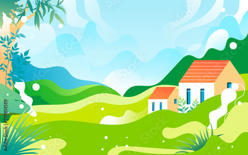 People travel on vacation with various plants and buildings in the background, vector illustration