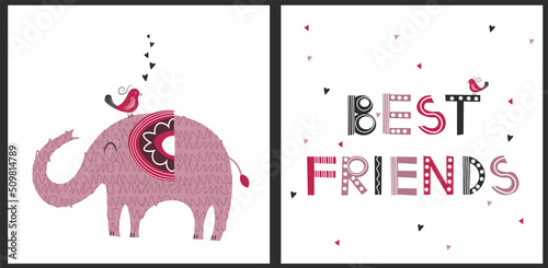 Cute elephant and bird. Best friends animal characters. Kids vector illustration.