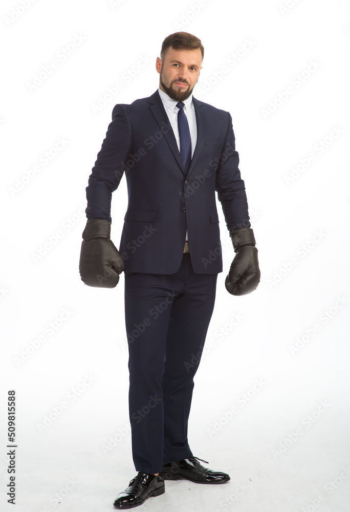businessman in a business suit and boxing gloves posing on a white background isolated in full growth with a variety of emotions businessman in a business suit and boxing gloves posing on a white background isolated in full growth with a variety of emotions