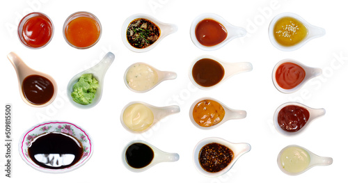 collection of sauce in a white spoon isolated on white background with a Clipping path Use For menu design