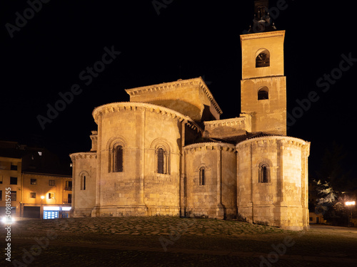 Night view of the Romanesque church of San Millan in the city of Segovia, a World Heritage Site, Unesco.