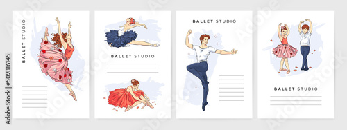 Hand drawn ballet studio poster collection. Vector illustration of beautiful young dancing woman, man and children
