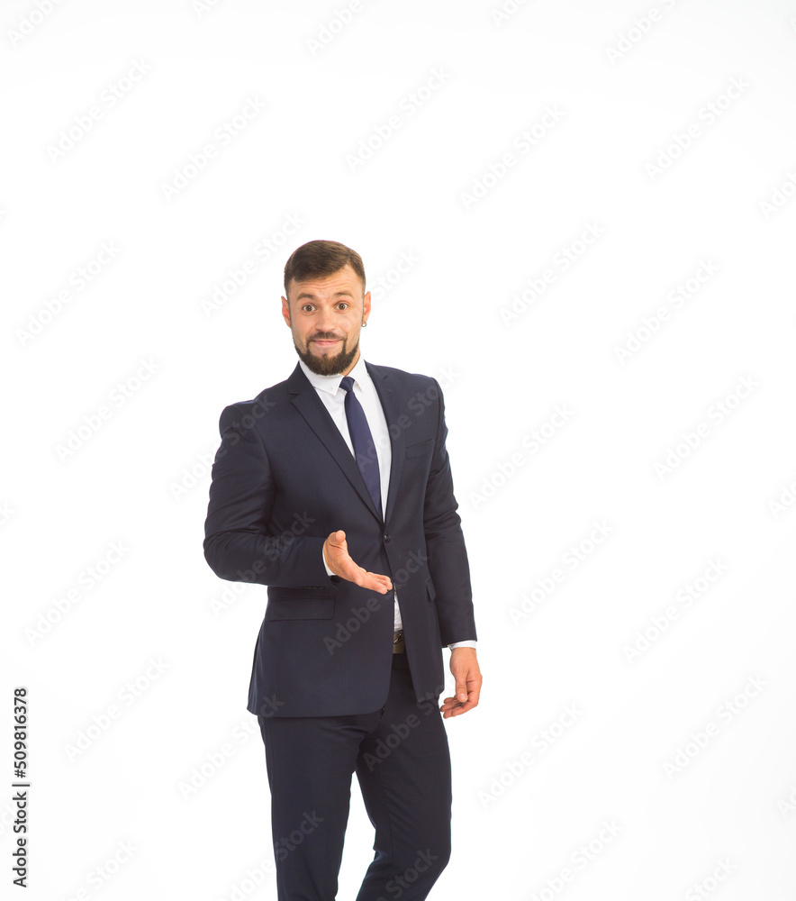 young businessman in a suit posing with different emotions on a white background in the studio isolated in full growth young businessman in a suit posing with different emotions on a white background in the studio isolated in full growth
