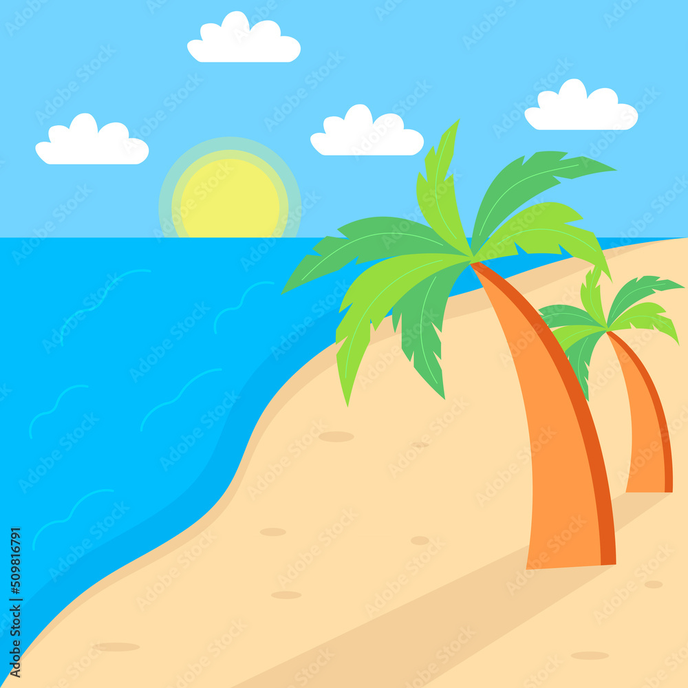 Summer landscape. Beach, sun, sea with palm trees. Vector illustration.
