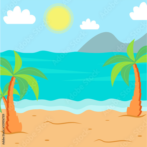 Summer landscape. The beach  the sea with palm trees. Vector illustration.
