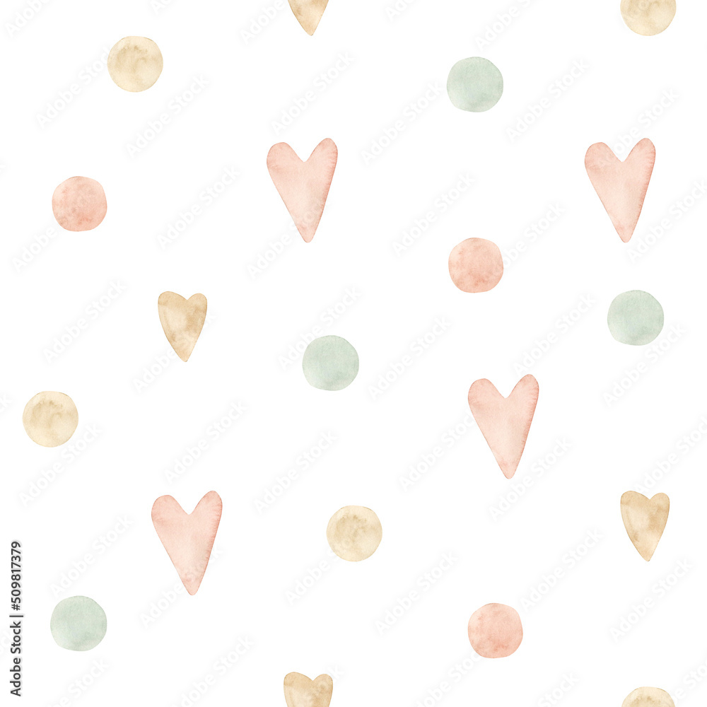 Watercolor seamless pattern with pastel hearts and dots. Isolated on ...
