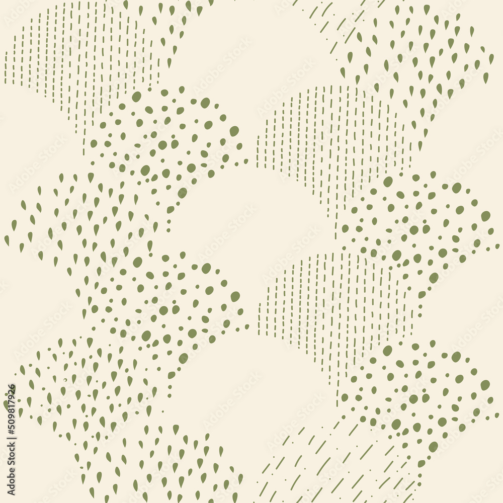 Vector illustration. Children's drawing. Spotted green and biege background. Geometric abstract pattern of hand-drawn shapes. Filled and linear organic forms.