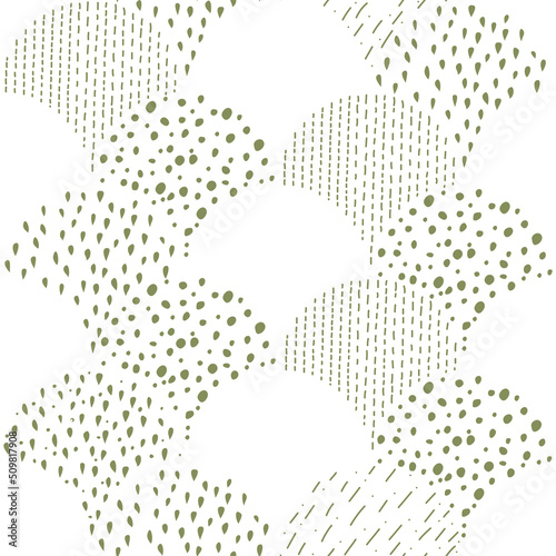 Vector illustration. Children's drawing. Spotted green and white background. Geometric abstract pattern of hand-drawn shapes. Filled and linear organic forms.