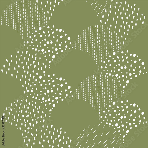 Vector illustration. Children's drawing. Spotted green and white background. Geometric abstract pattern of hand-drawn shapes. Filled and linear organic forms.