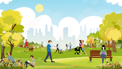 Slika na platnu Morning city park with family having fun in the park,boys walking the dog,man ta