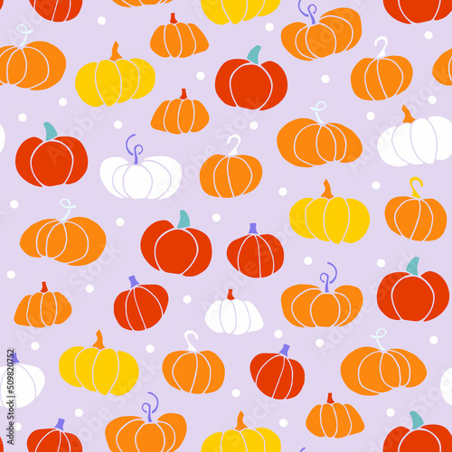 Doodle Pumpkin seamless pattern. Different gourd on violet doted background. Orange hand-drawn vegetable. Vector cartoon illustration for wallpaper, autumn holidays, markets, Halloween, Thanksgiving