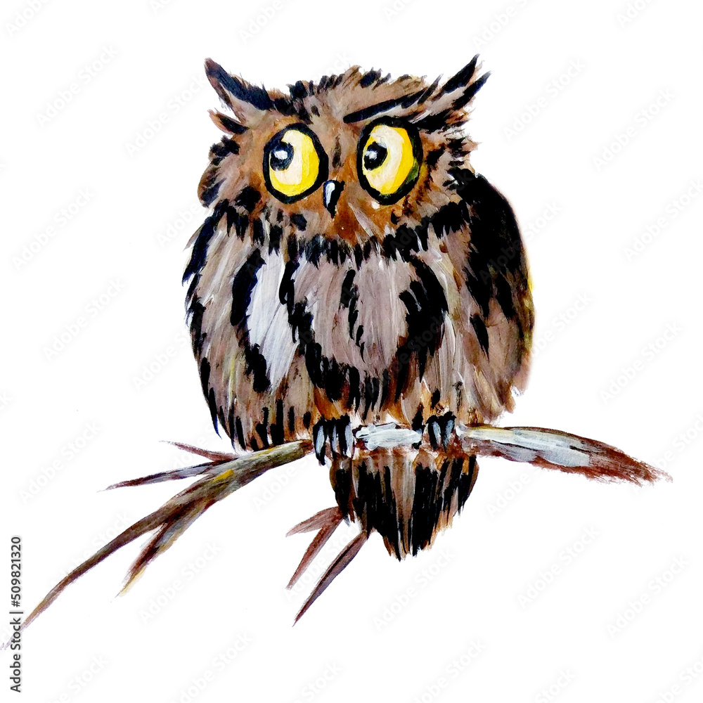 Naklejka premium Cartoon illustration of an owl. A funny owl on a branch with yellow crazy eyes looks scared to the side. Traditional acrylic painting. A frightened owl sits on a branch. Funny eyes.